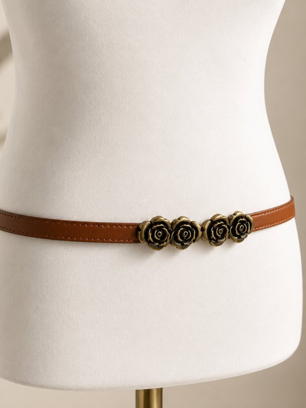 Brown Leather Adjustable Belt with Antique Gold Rose Buckle